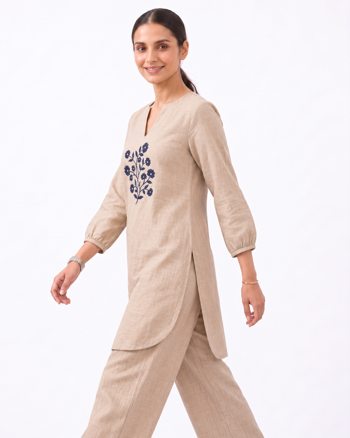 Sahara Bloom — Embroidered Cotton Linen Co-ord Set | Notch Neck Kurta & Elastic Waist Pants