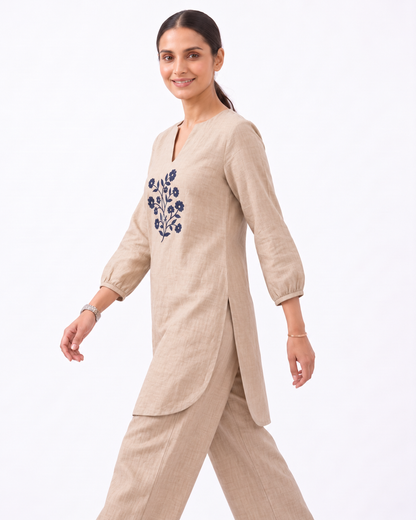 Sahara Bloom — Embroidered Cotton Linen Co-ord Set | Notch Neck Kurta & Elastic Waist Pants