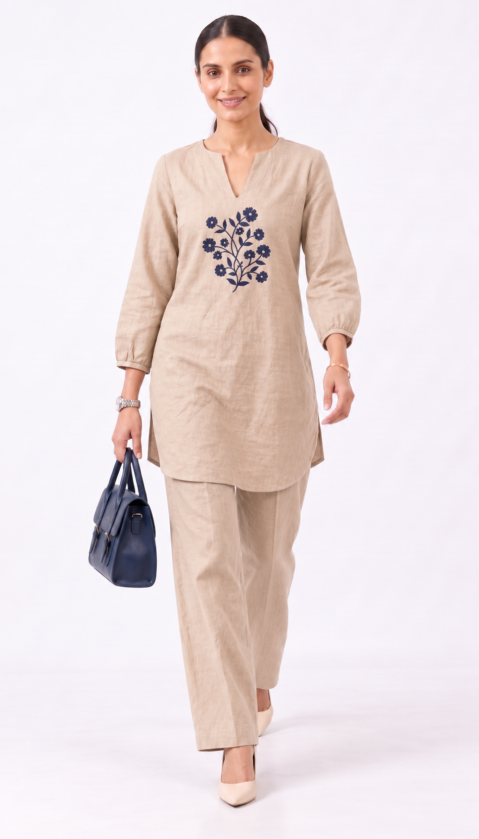 Sahara Bloom — Embroidered Cotton Linen Co-ord Set | Notch Neck Kurta & Elastic Waist Pants