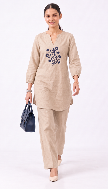 Sahara Bloom — Embroidered Cotton Linen Co-ord Set | Notch Neck Kurta & Elastic Waist Pants