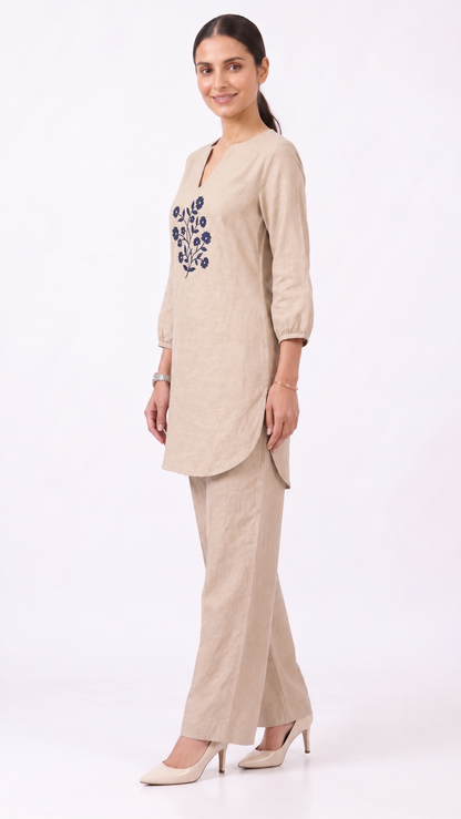 Sahara Bloom — Embroidered Cotton Linen Co-ord Set | Notch Neck Kurta & Elastic Waist Pants