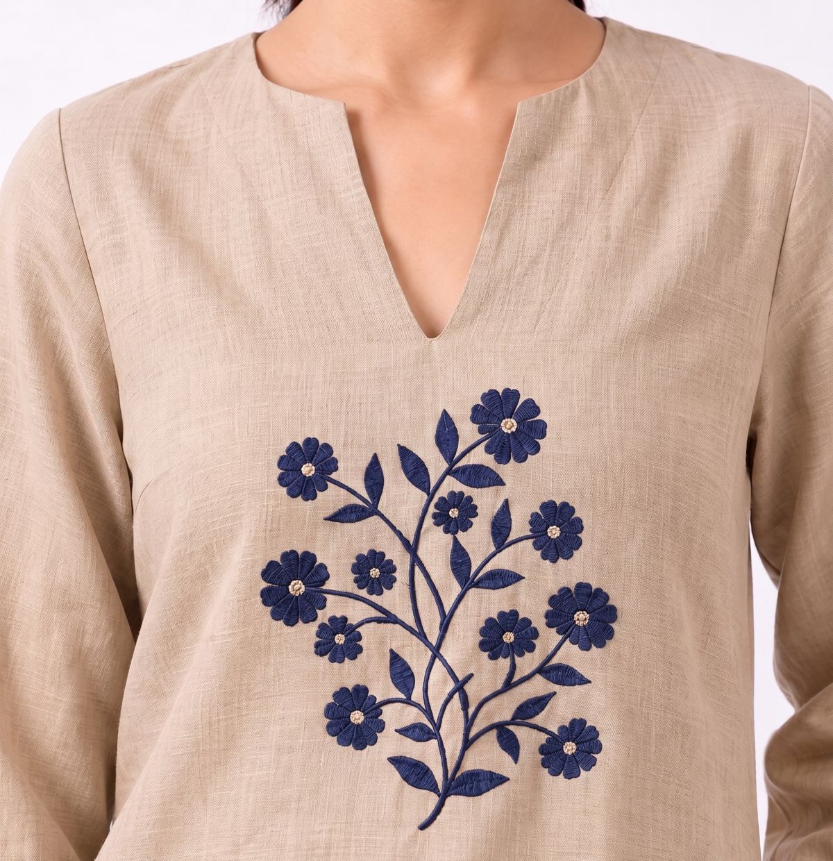 Sahara Bloom — Embroidered Cotton Linen Co-ord Set | Notch Neck Kurta & Elastic Waist Pants
