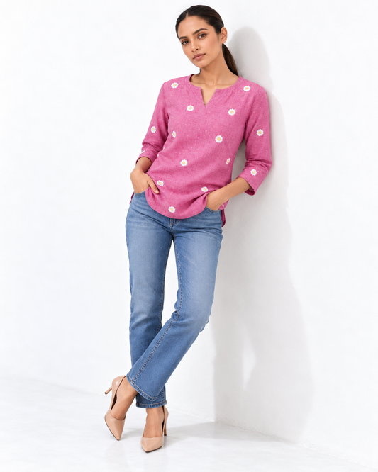 Rose Pink Daisy Embroidered Cotton Short Kurti