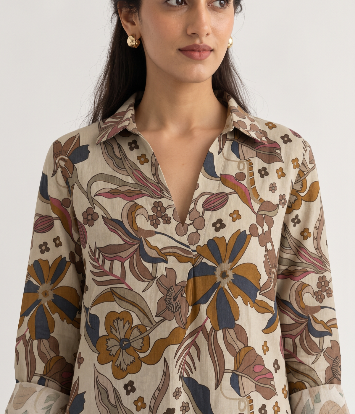 CREAM FLORAL PRINT SHIRT KURTA
