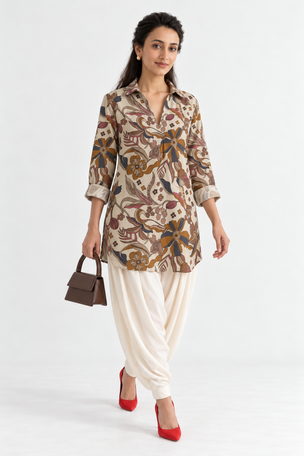 CREAM FLORAL PRINT SHIRT KURTA