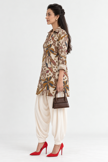 CREAM FLORAL PRINT SHIRT KURTA