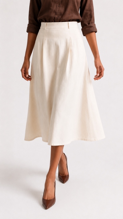 Ivory Linen-Cotton A-Line Midi Skirt