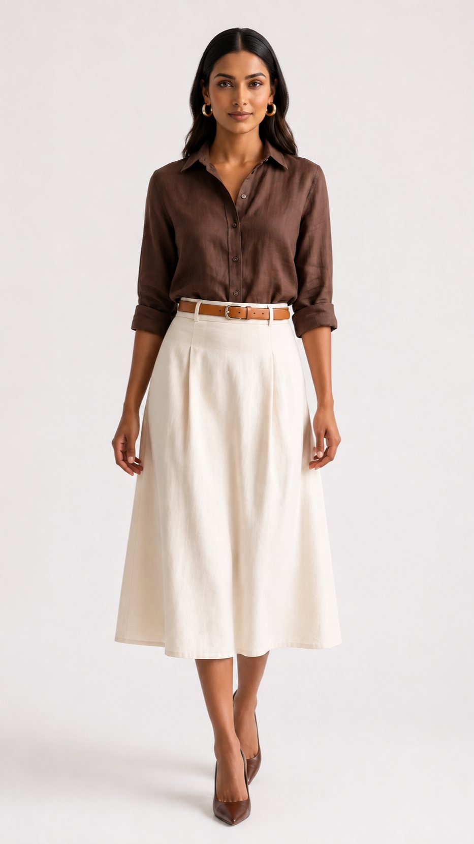 Ivory Linen-Cotton A-Line Midi Skirt