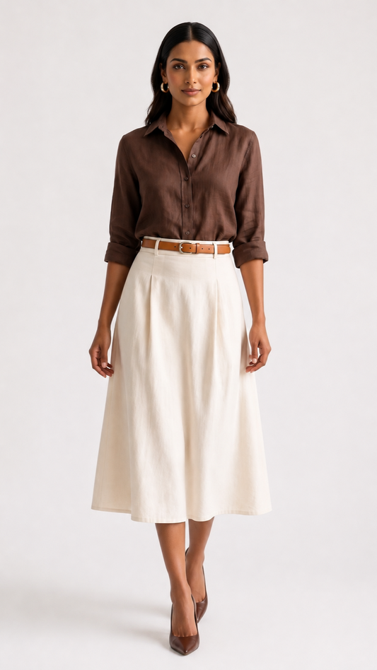 Ivory Linen-Cotton A-Line Midi Skirt