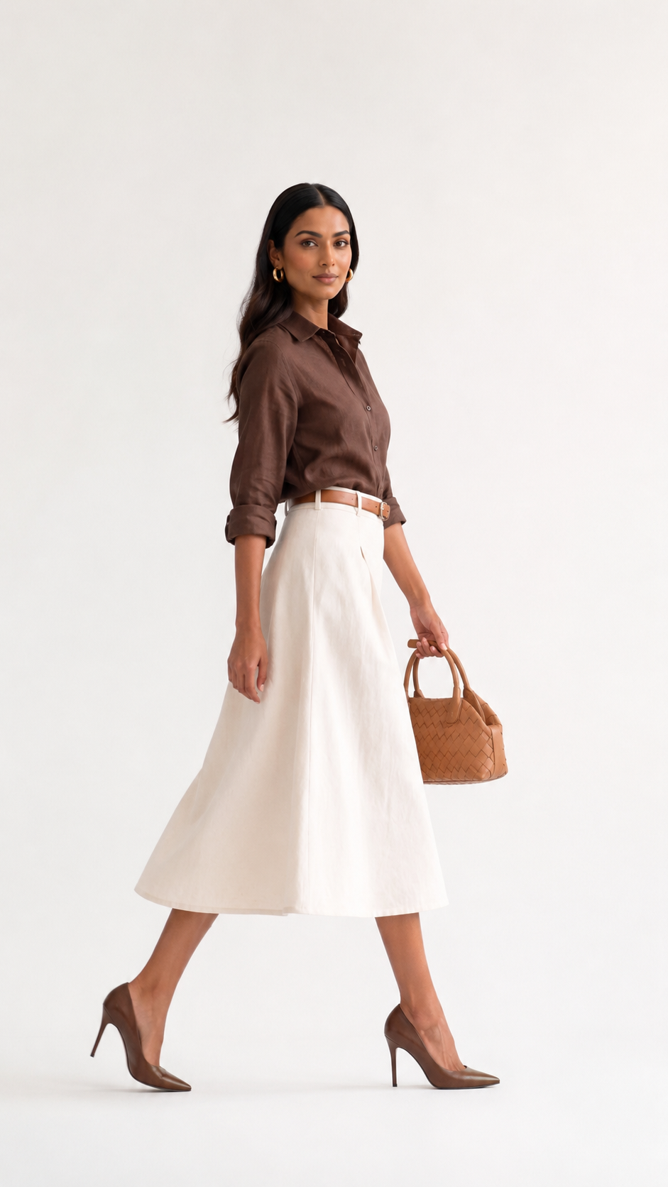 Ivory Linen-Cotton A-Line Midi Skirt