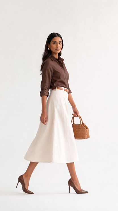 Ivory Linen-Cotton A-Line Midi Skirt