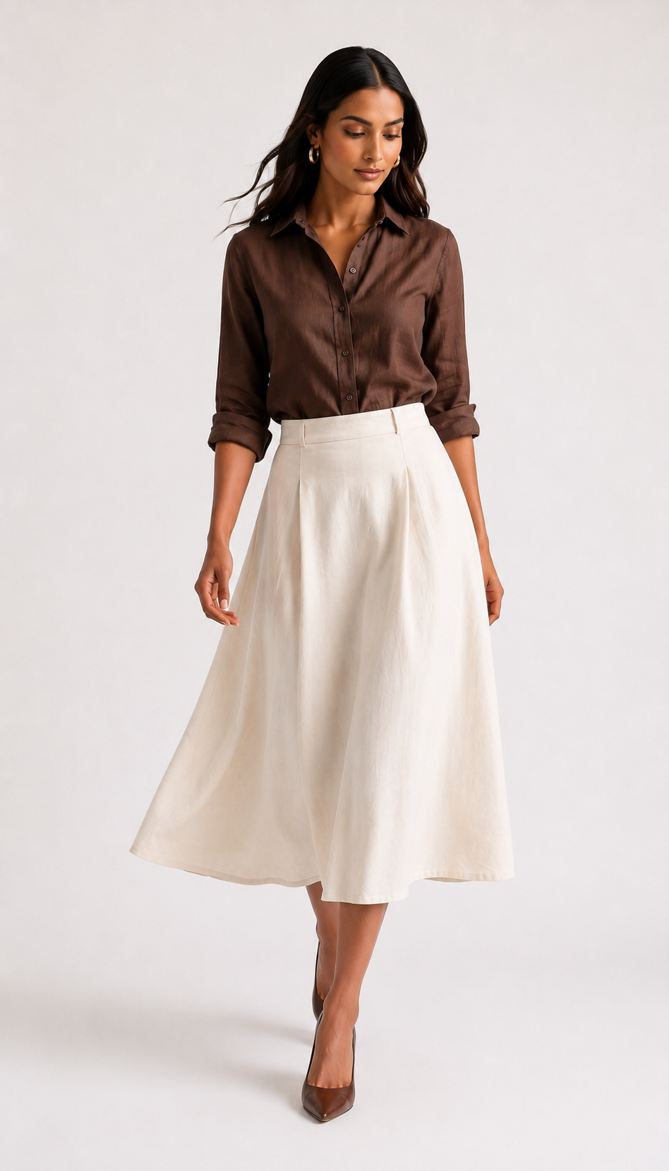 Ivory Linen-Cotton A-Line Midi Skirt
