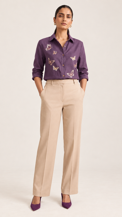 Papillon Embroidered Button-Down – Plum shirt