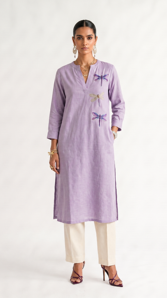 Dragonfly Embroidered Linen Kurta