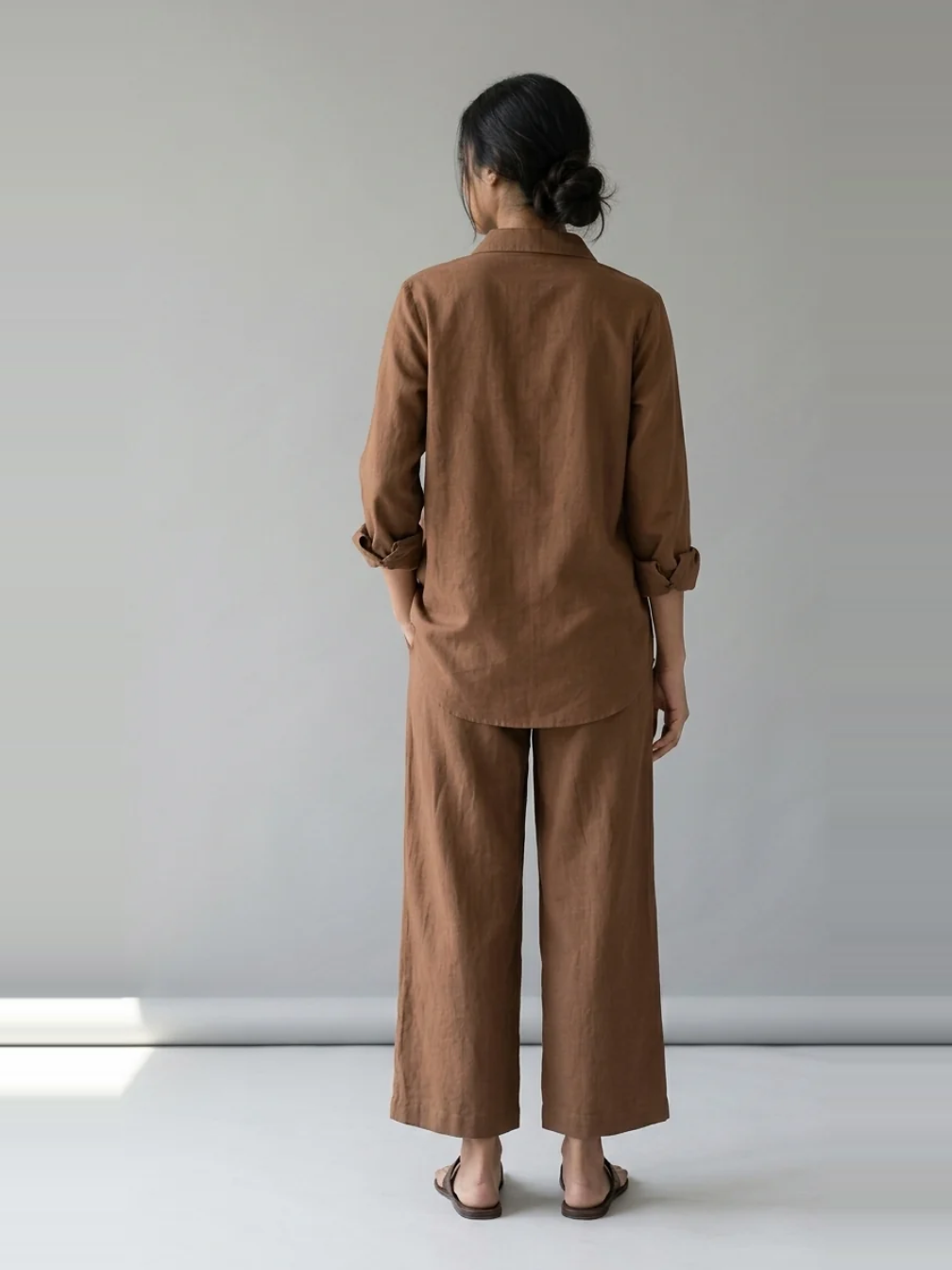 Cocoa Ease brown cotton linen slub shirt co-ord set – full-length back view