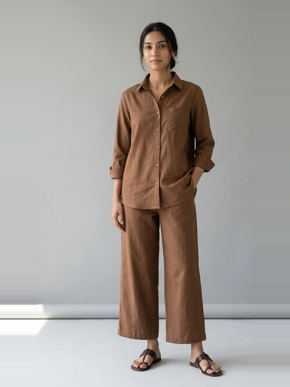 Cocoa Ease brown cotton linen slub shirt co-ord set – full-length front view
