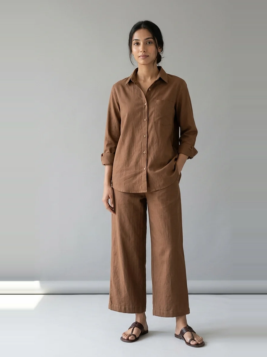 Cocoa Ease brown cotton linen slub shirt co-ord set – full-length front view