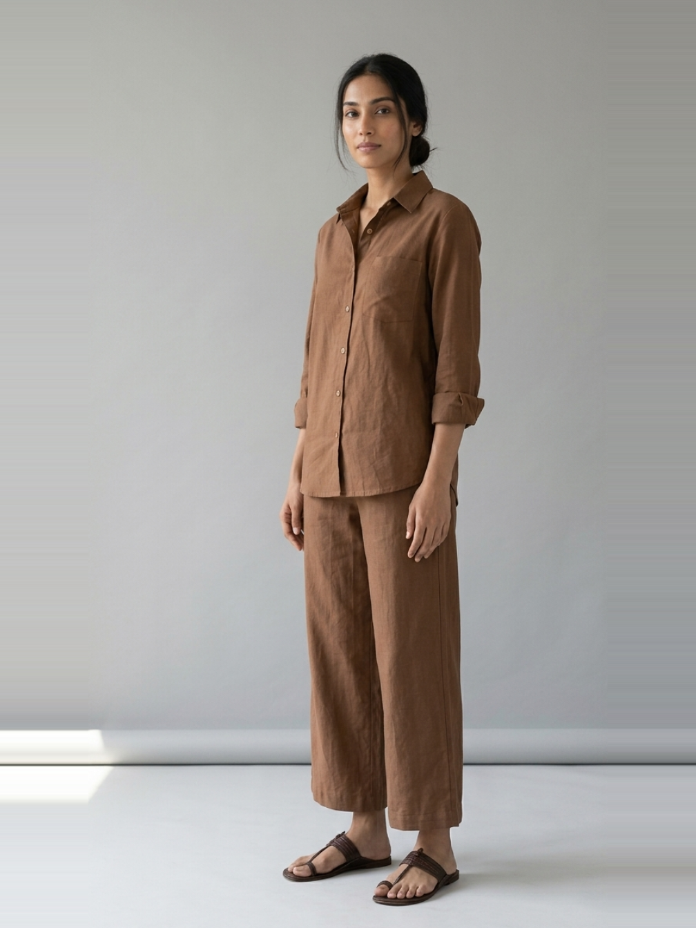 Cocoa Ease brown cotton linen slub shirt co-ord set – full-length side view