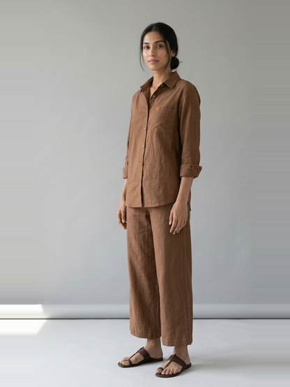 Cocoa Ease brown cotton linen slub shirt co-ord set – full-length side view