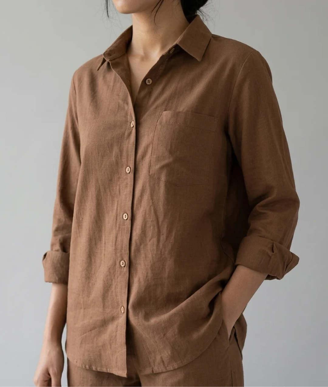 Cocoa Ease brown cotton linen slub shirt co-ord set – close-up of collar, buttons, chest pocket, rolled cuffs and fabric texture
