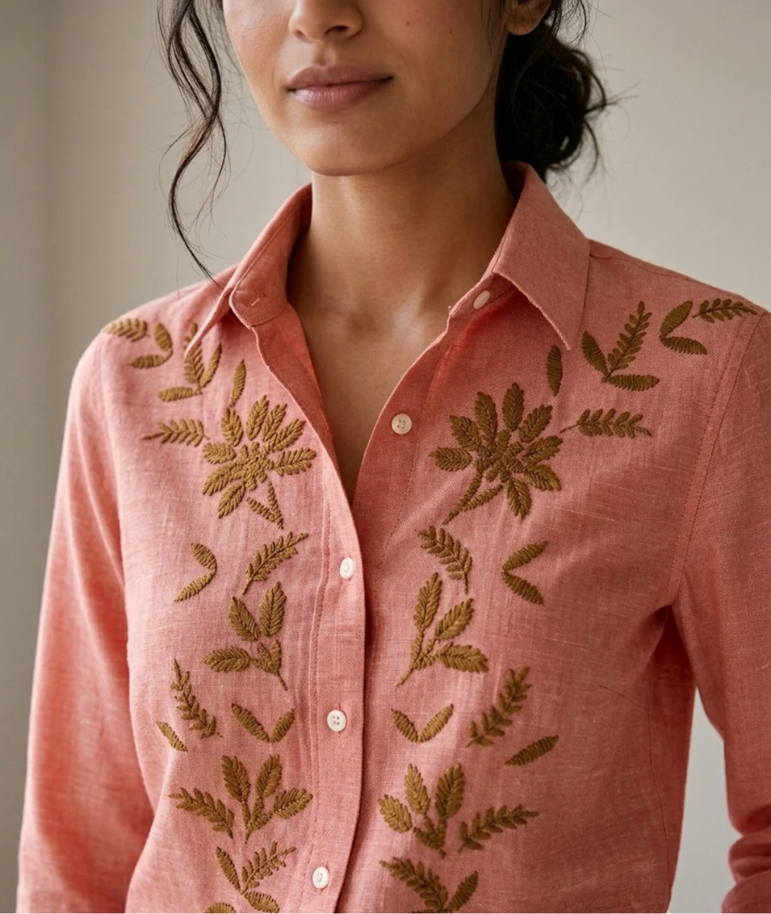 Coral Fern cotton linen slub embroidered shirt – detail view