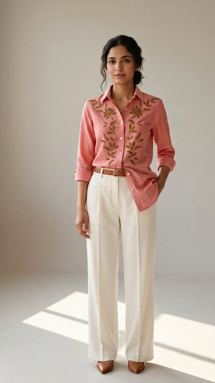Coral Fern cotton linen slub embroidered shirt – front view