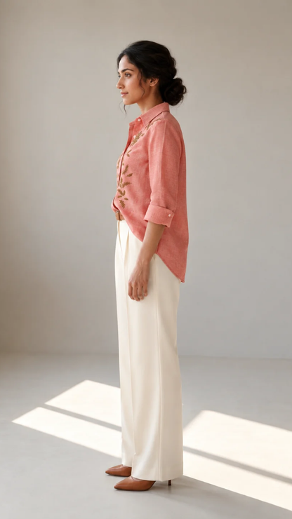 Coral Fern cotton linen slub embroidered shirt – side view