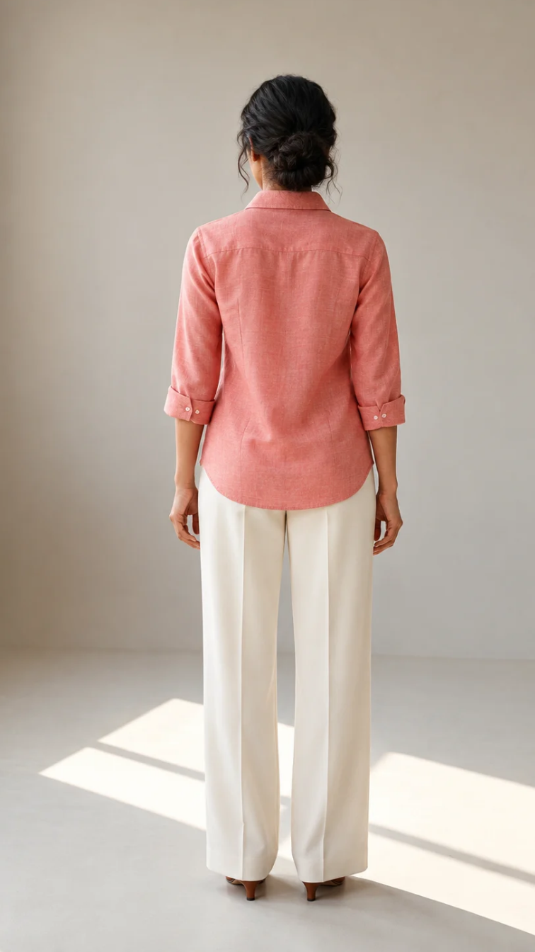 Coral Honey cotton linen slub shirt with bee and honeycomb embroidery – back view