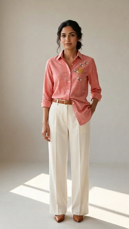 Coral Honey cotton linen slub shirt with bee and honeycomb embroidery – front view