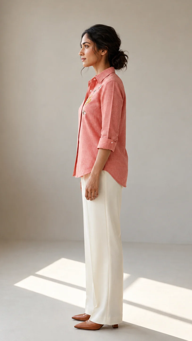 Coral Honey cotton linen slub shirt with bee and honeycomb embroidery – side view