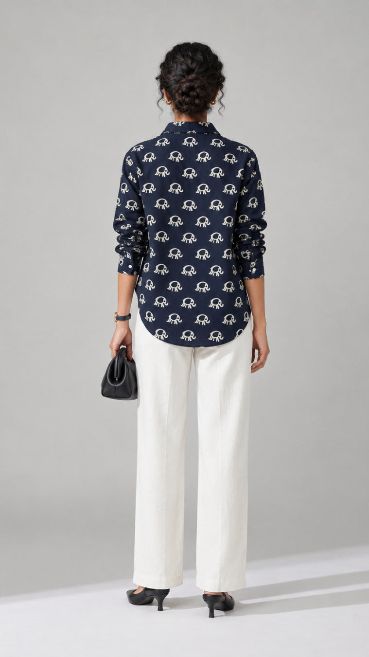 Navy Elephant Print cotton shirt, back view showing the all-over ivory motif