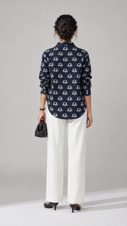 Navy Elephant Print cotton shirt, back view showing the all-over ivory motif