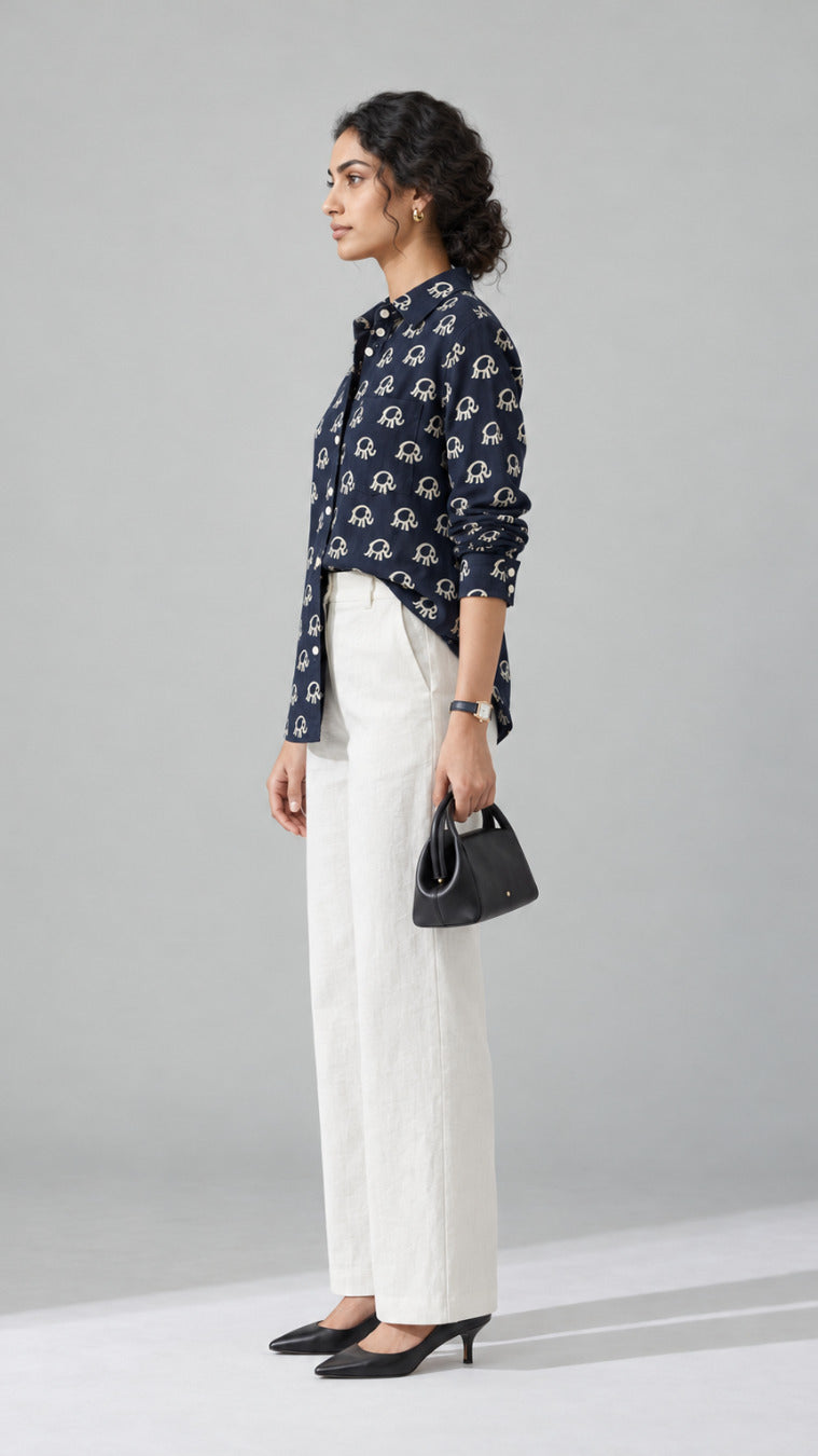 Navy Elephant Print cotton shirt, side view showing the curved shirt-tail hem