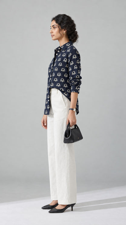 Navy Elephant Print cotton shirt, side view showing the curved shirt-tail hem