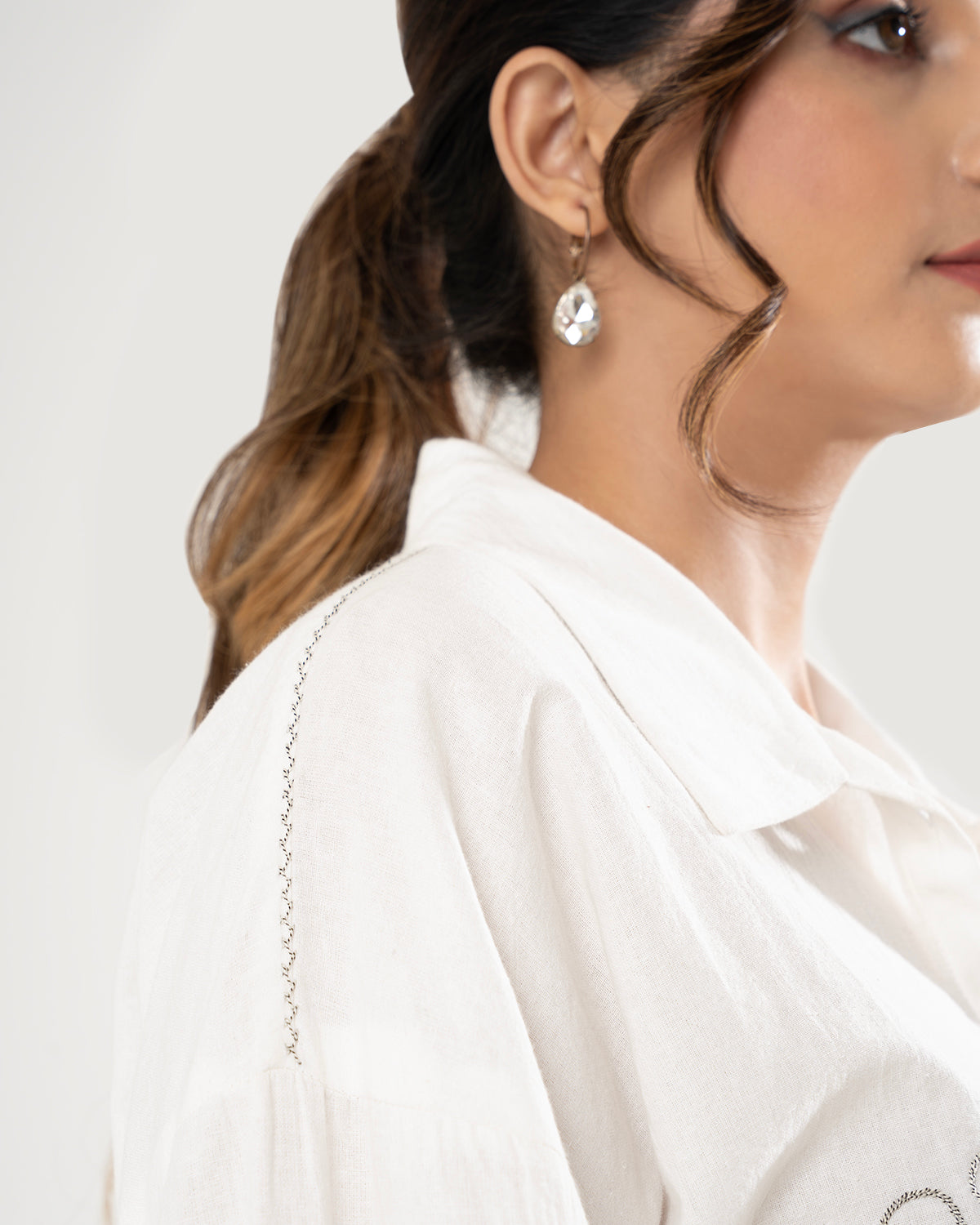 White Silver Swirl Embroidered Shirt