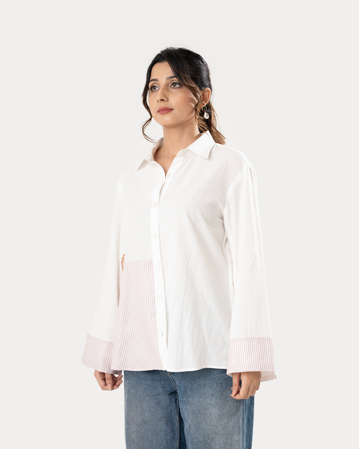 White Pink Stripe Color Block Shirt