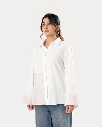 White Pink Stripe Color Block Shirt