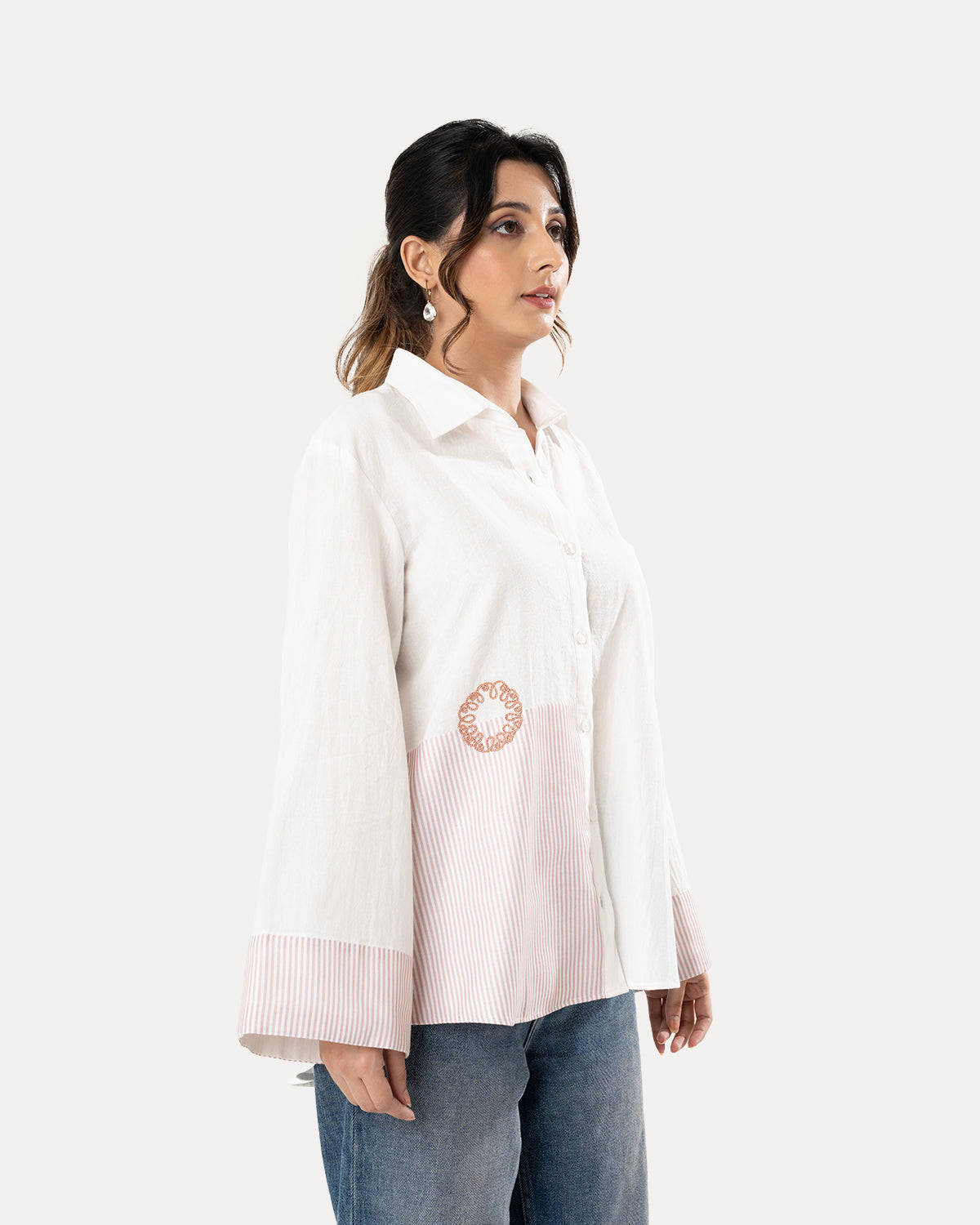 White Pink Stripe Color Block Shirt