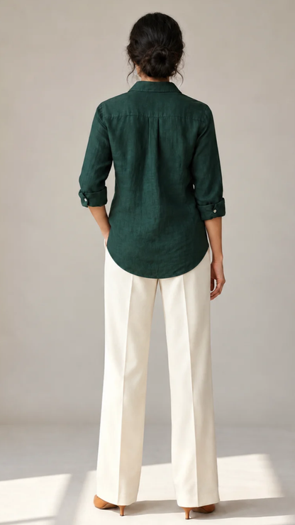 Emerald Cascade green cotton linen slub embroidered shirt – back view