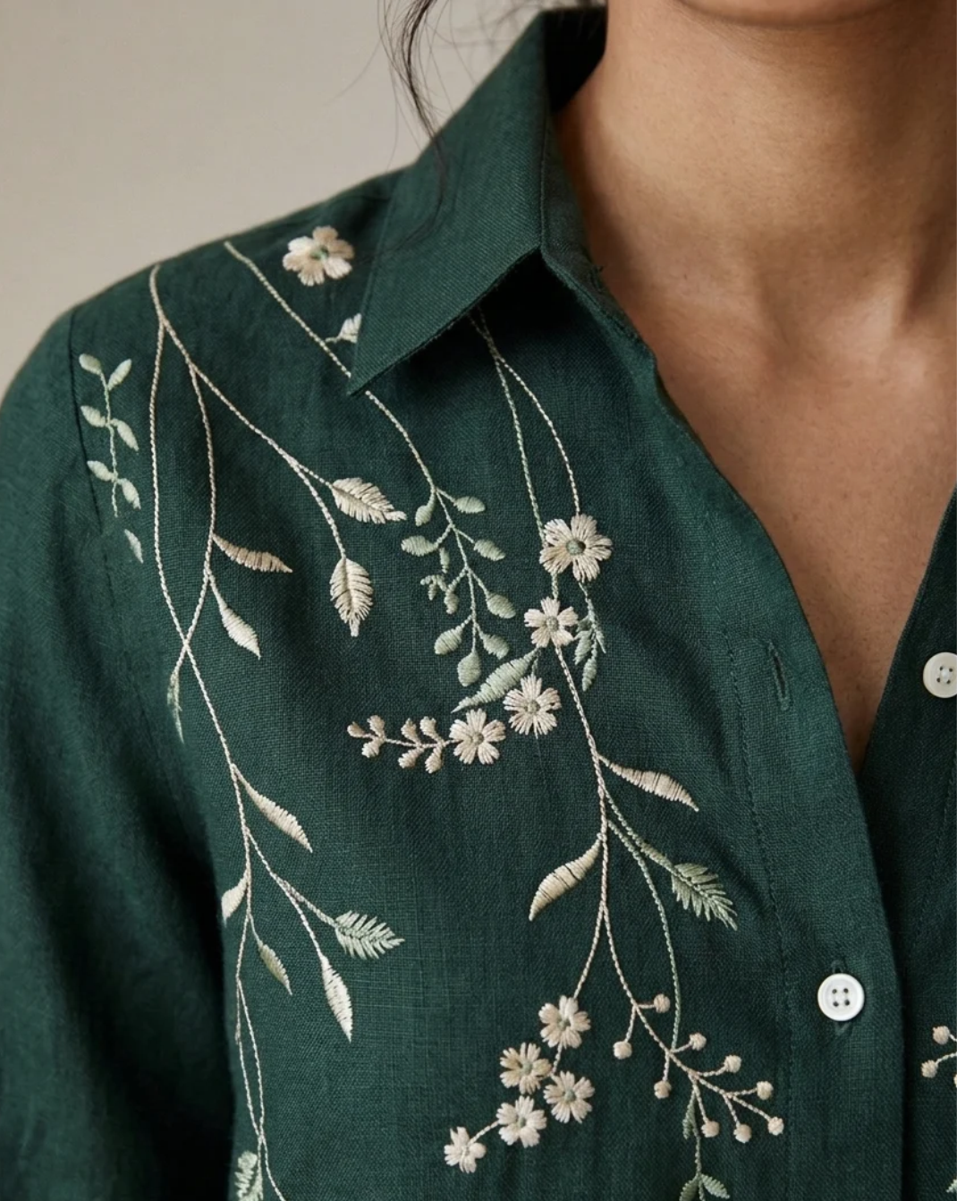 Emerald Cascade green cotton linen slub embroidered shirt – detail view