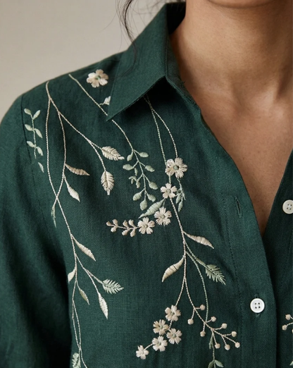 Emerald Cascade green cotton linen slub embroidered shirt – detail view