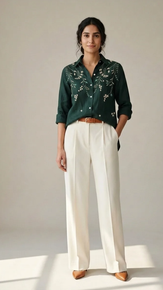 Emerald Cascade green cotton linen slub embroidered shirt – front view
