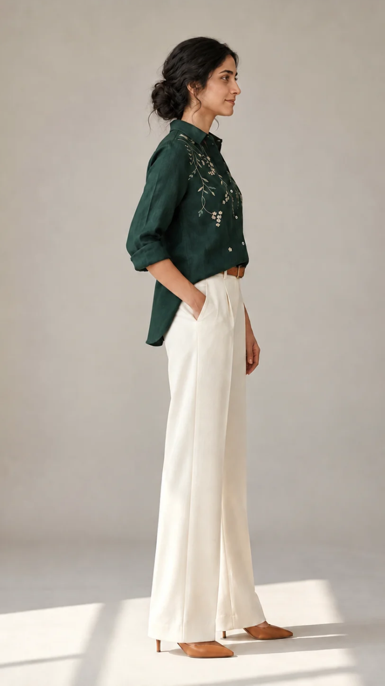 Emerald Cascade green cotton linen slub embroidered shirt – side view