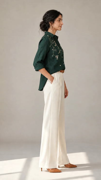 Emerald Cascade green cotton linen slub embroidered shirt – side view