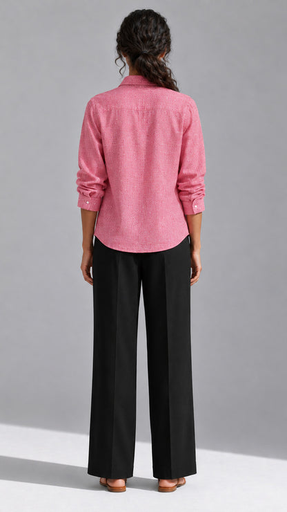 Ice red face embroidered cotton linen shirt, back view with curved shirt-tail hem