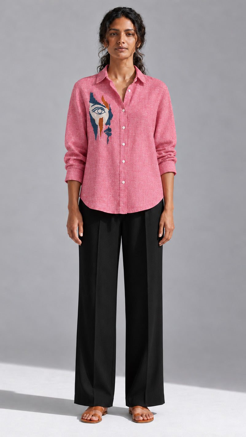 Ice red face embroidered cotton linen shirt, front view with black trousers