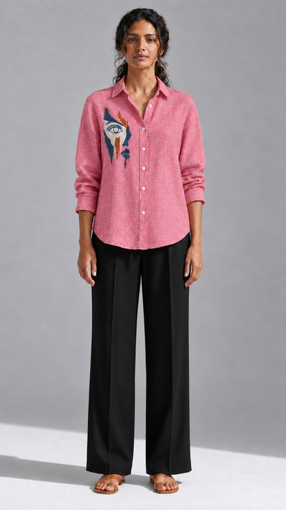 Ice red face embroidered cotton linen shirt, front view with black trousers