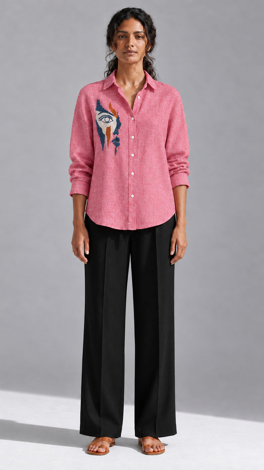 Ice red face embroidered cotton linen shirt, front view with black trousers