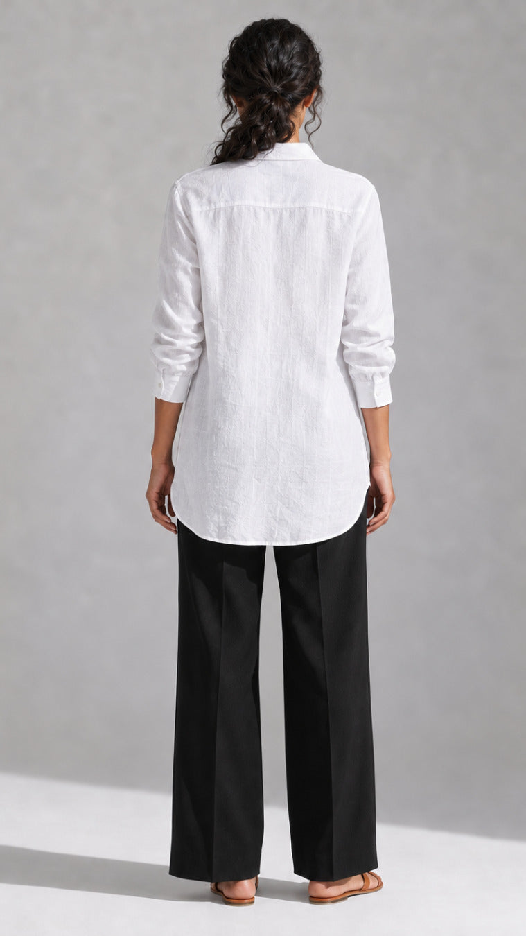 White face embroidered cotton linen shirt, back view with high-low curved hem
