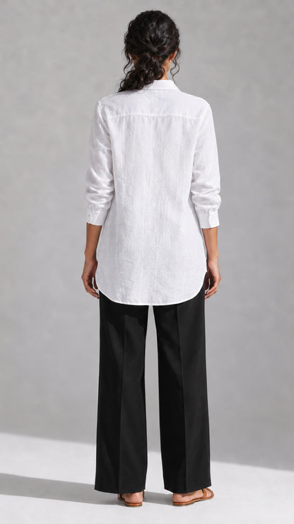 White face embroidered cotton linen shirt, back view with high-low curved hem